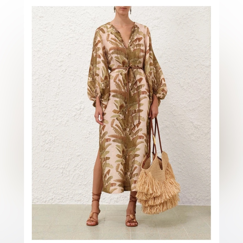 Final Zimmermann Ascention Tropical Print Long Sleeve Linen Dress Green Palm